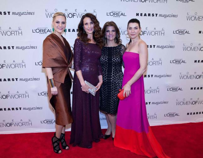 L'OREAL PARIS SPOKESPEOPLE, ANDIE MACDOWELL, JULIANNA MARGULIES and AIMEE MULLINS with KAREN FONDU, PRESIDENT OF L'OREAL PARIS at the SEVENTH ANNUAL WOMEN OF WORTH AWARDS at the HEARST TOWER. 