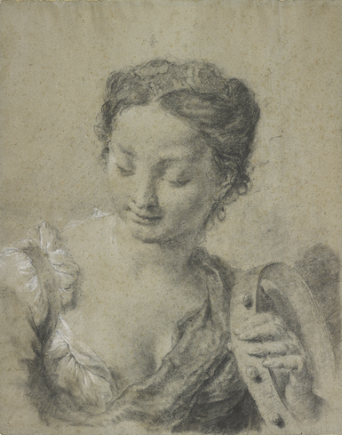 Giovanni Battista Piazzetta (1682–1754), Young Woman with Tambourine , Black chalk, heightened with white chalk, on paper., 17 x 13 1/2 inches (432 x 343 mm.), The Morgan Library & Museum, New York; IV, 90