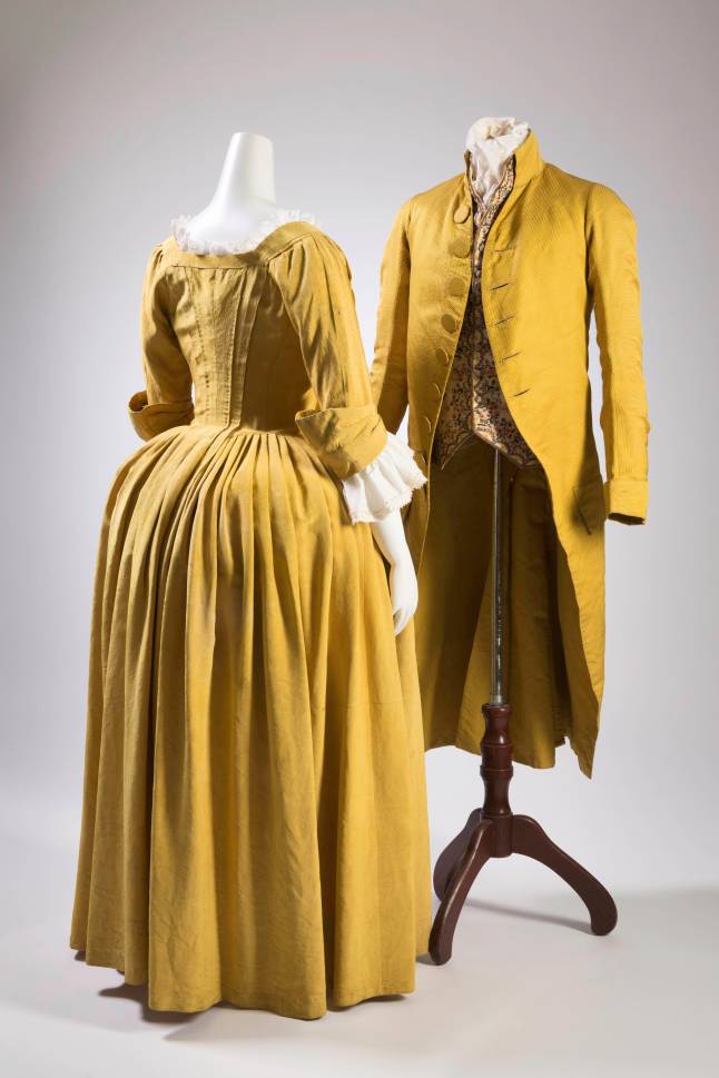 (left) Dress, yellow silk faille, circa 1770, USA (possibly), museum purchase, (right) Men’s coat, yellow silk, circa 1790,  USA (possibly), museum purchase
