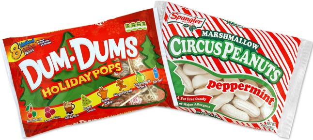 Spangler Candy Company launches limited edition, holiday flavors in two of its most iconic brands: New Dum Dums(R) Holiday Pops and Peppermint Marshmallow Circus Peanuts.  (PRNewsFoto/Spangler Candy Company)