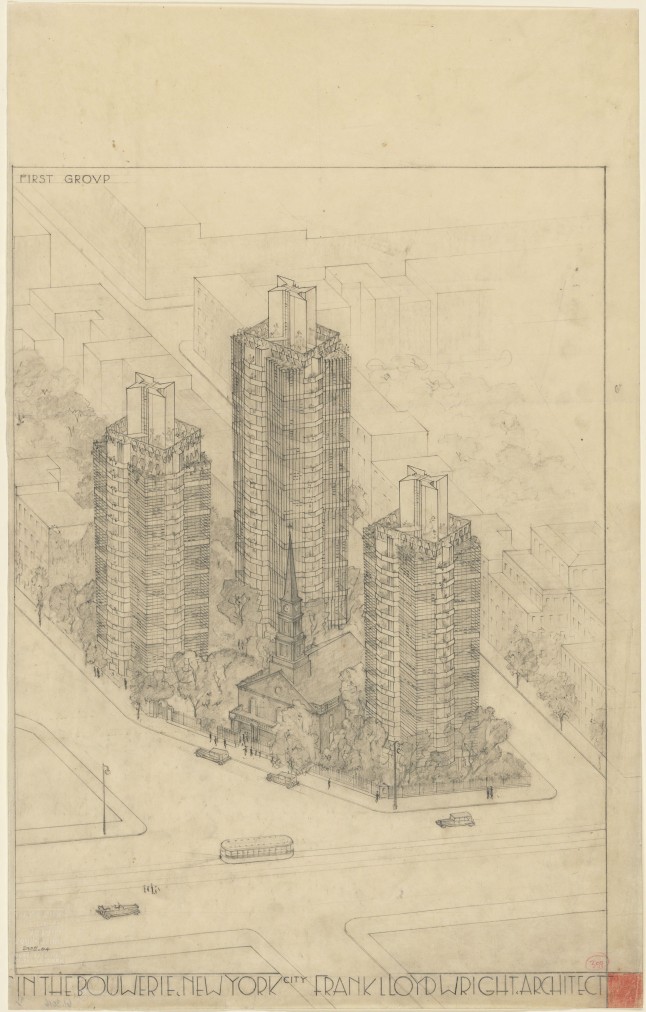 Frank Lloyd Wright (American, 1867–1959). St. Mark’s-in-the-Bouwerie Towers, New York. 1927–31. Aerial perspective. Graphite and colored pencil on tracing paper, 23 3/4 x 15” (60.3 x 38.1 cm). The Museum of Modern Art, New York. Jeffrey P. Klein Purchase Fund, Barbara Pine Purchase Fund, and Frederieke Taylor Purchase Fund