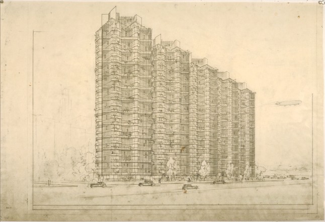 Frank Lloyd Wright (American, 1867–1959). Grouped Towers, Chicago. 1930. Perspective. Pencil and ink on paper, 19 x 28 1/4” (48.3 x 71.8 cm). The Frank Lloyd Wright Foundation Archives (The Museum of Modern Art | Avery Architectural & Fine Arts Library, Columbia University, New York)