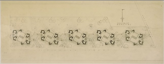 Frank Lloyd Wright (American, 1867–1959). Grouped Towers, Chicago. 1930. Plan of the pedestal. Pencil on tracing paper, 13 3/4 x 35 3/8” (34.9 x 89.9 cm). The Frank Lloyd Wright Foundation Archives (The Museum of Modern Art | Avery Architectural & Fine Arts Library, Columbia University, New York)