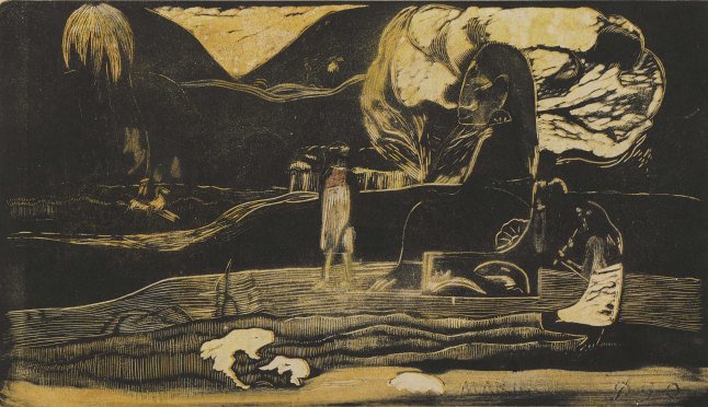 Paul Gauguin (French, 1848–1903). Maruru (Offerings of Gratitude) from the suite Noa Noa (Fragrant Scent). 1893-94. Woodcut, comp. 8 1/16 x 14″ (20.5 x 35.5 cm). Sterling and Francine Clark Art Institute, Williamstown, Mass. Photo credit: © Sterling and Francine Clark Art Institute, Williamstown, Massachusetts (photo by Michael Agee)