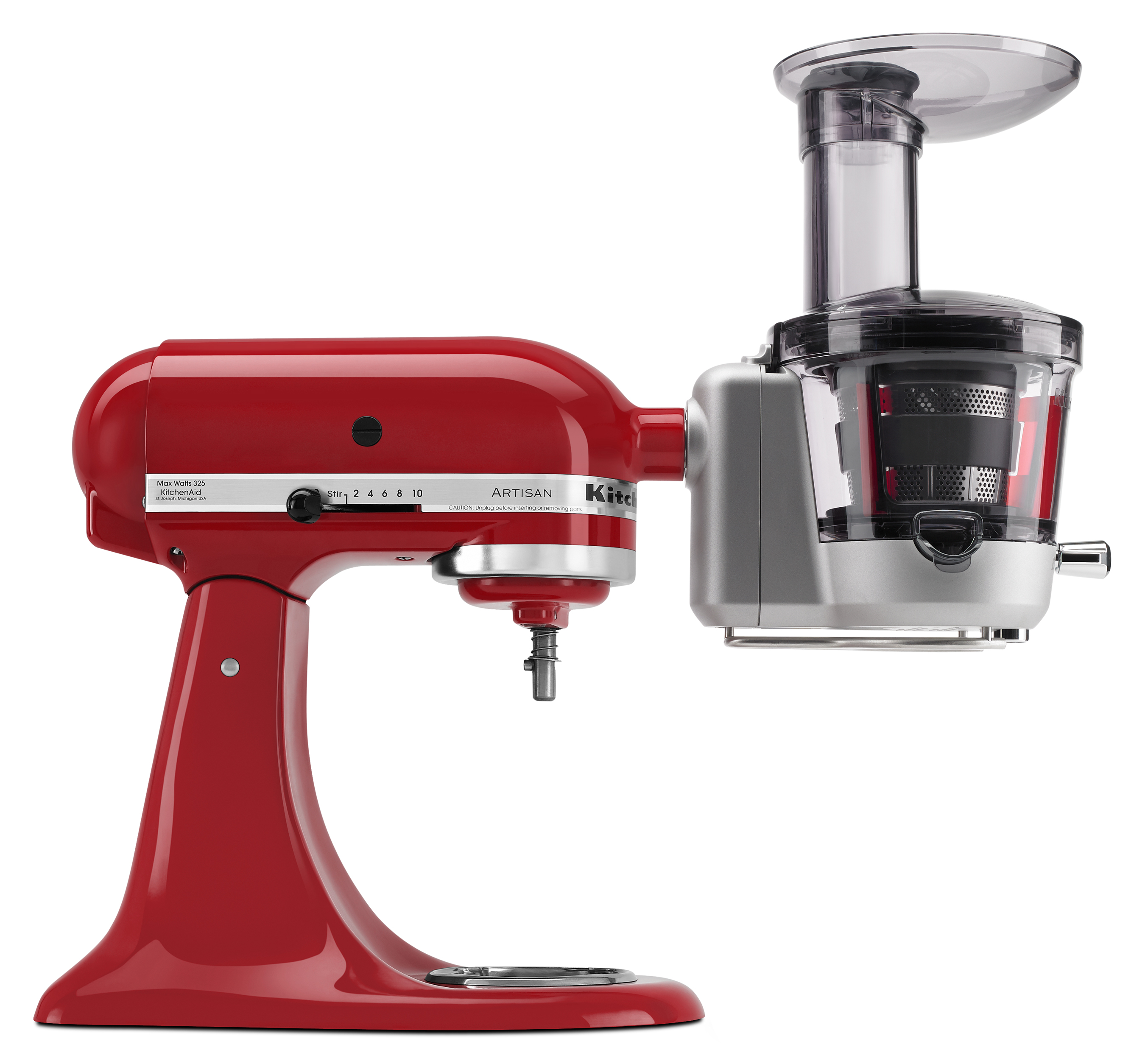 The juicer attachment’s stainless steel blade first pre-slices foods, then processes them at a low speed. It includes three pulp screens to customize juices, and is available for $249.99.