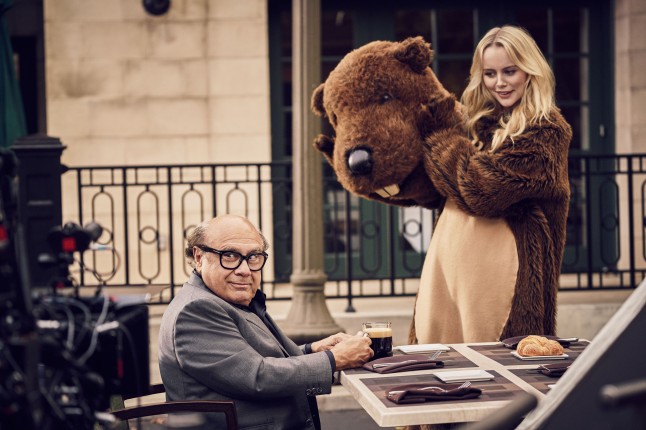 Danny DeVito, with supporting actor, Helena Mattsson, on the set of the new Nespresso “Experience a cup above” advertising shoot in Los Angeles, CA