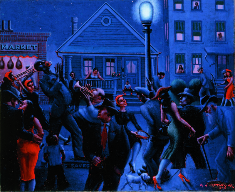 Archibald J. Motley Jr., Gettin’ Religion, 1948. Oil on canvas, 40 × 48.375 inches (101.6 × 122.9 cm). (Formerly of the) Collection of Mara Motley, MD, and Valerie Gerrard Browne. Image courtesy of the Chicago History Museum, Chicago, Illinois. © Valerie Gerrard Browne.