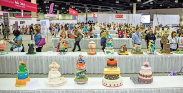 Cakes on display from the Live Global Cake and Chocolate Challenges, where international teams and individuals, respectively, battled for top honors.